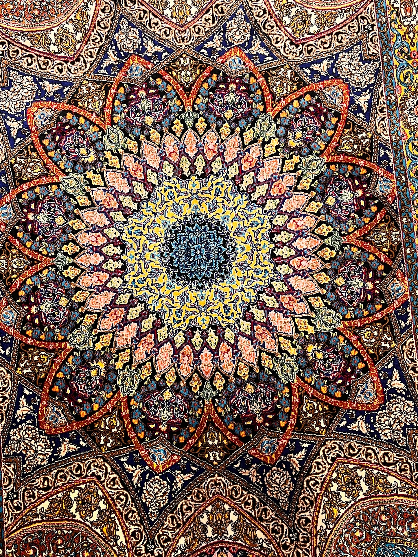 23” × 35” Luxury Turkish Bamboo Silk Rug – Navy Blue & Gold Geometric Lotus Medallion Accent Rug