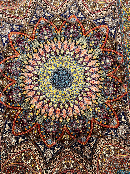 23” × 35” Luxury Turkish Bamboo Silk Rug – Navy Blue & Gold Geometric Lotus Medallion Accent Rug