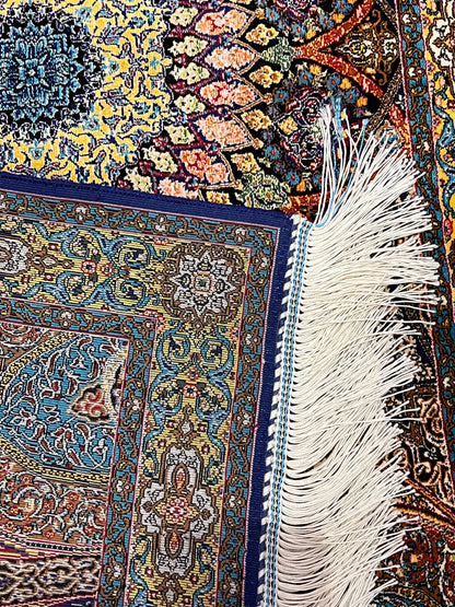23” × 35” Luxury Turkish Bamboo Silk Rug – Navy Blue & Gold Geometric Lotus Medallion Accent Rug