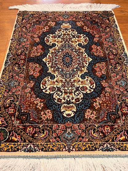 23” × 35” Luxury Turkish Bamboo Silk Rug – Ivory, Copper & Blue Ornate Floral Medallion Accent Rug