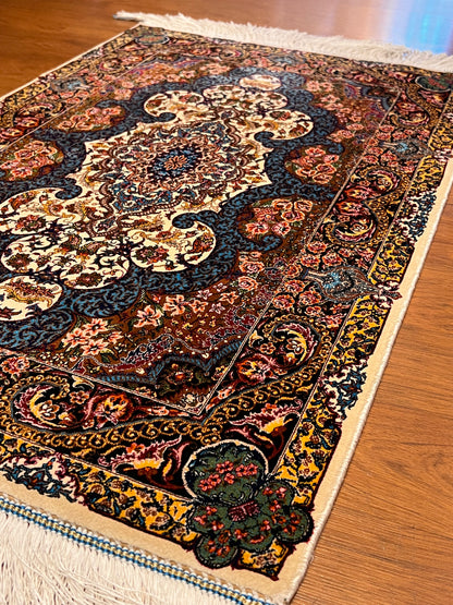 23” × 35” Luxury Turkish Bamboo Silk Rug – Ivory, Copper & Blue Ornate Floral Medallion Accent Rug