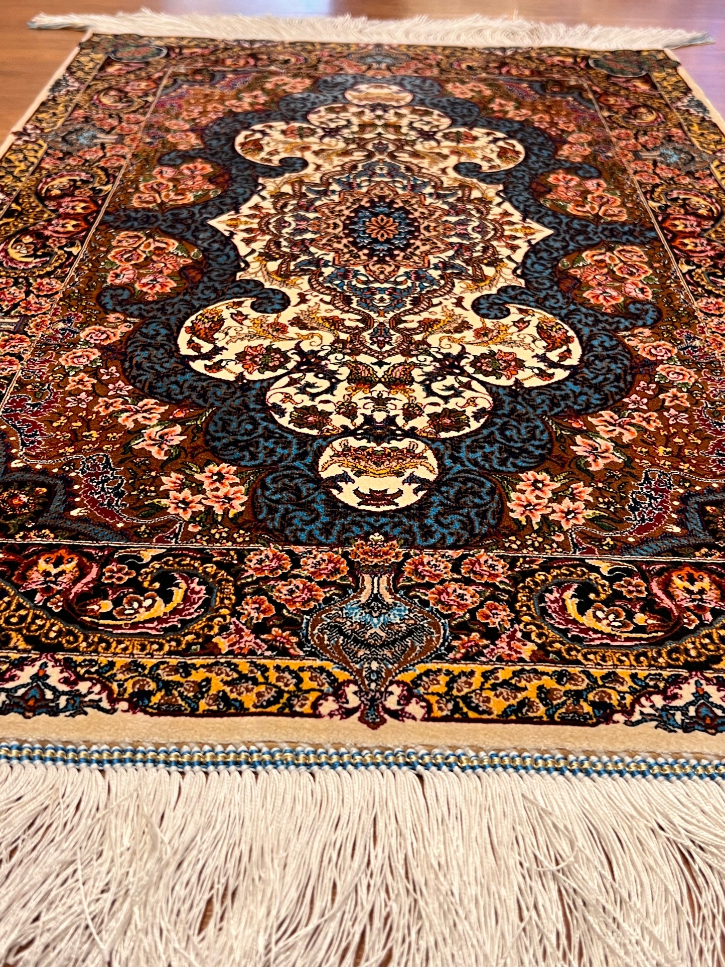 23” × 35” Luxury Turkish Bamboo Silk Rug – Ivory, Copper & Blue Ornate Floral Medallion Accent Rug