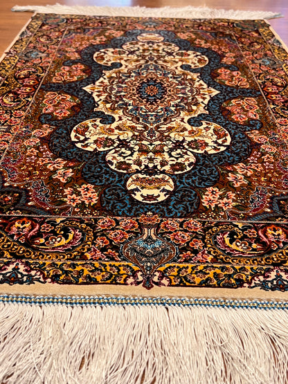 23” × 35” Luxury Turkish Bamboo Silk Rug – Ivory, Copper & Blue Ornate Floral Medallion Accent Rug