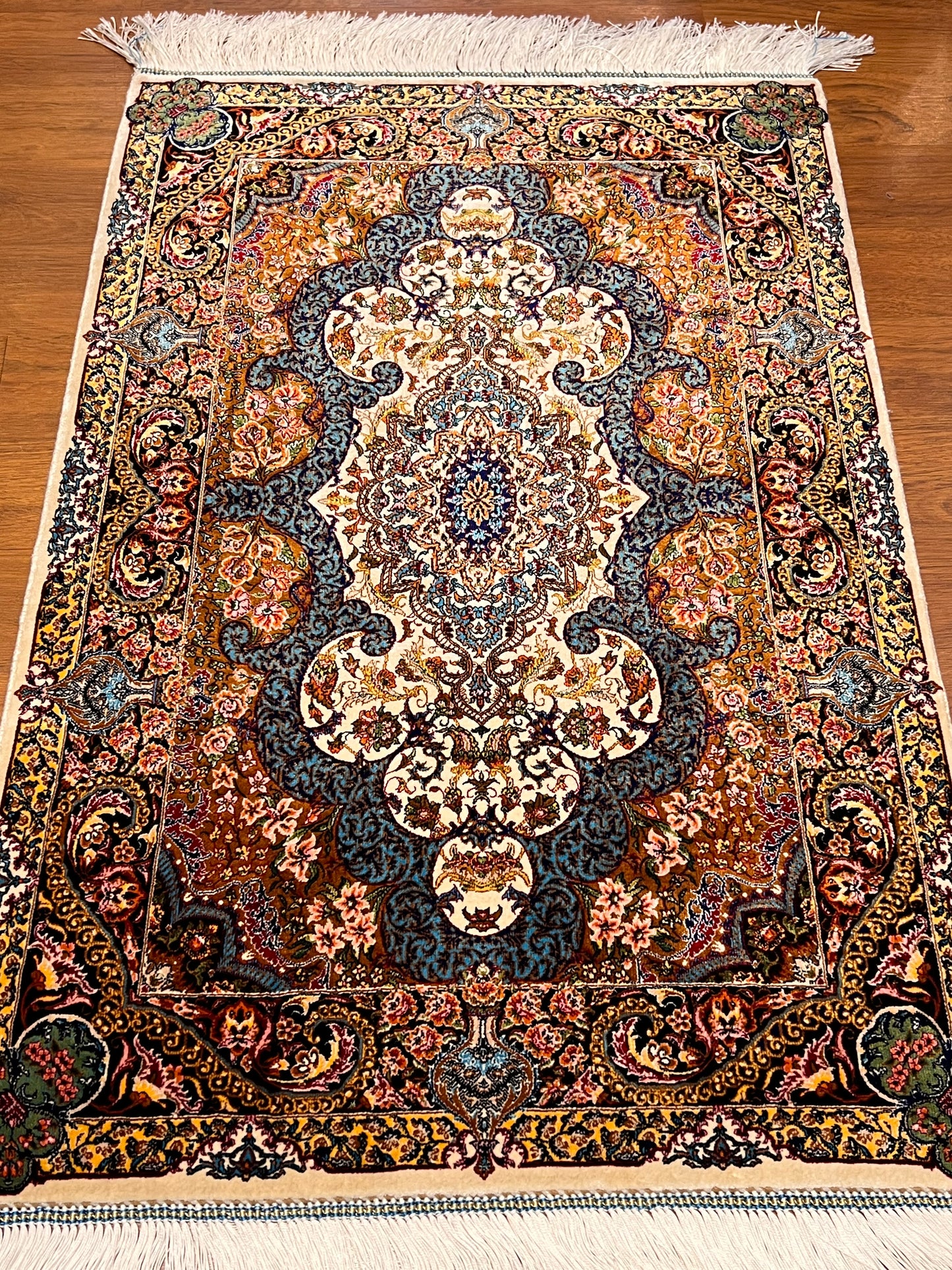 23” × 35” Luxury Turkish Bamboo Silk Rug – Ivory, Copper & Blue Ornate Floral Medallion Accent Rug