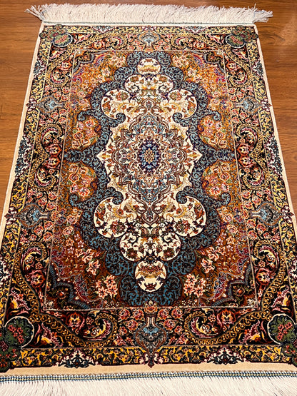 23” × 35” Luxury Turkish Bamboo Silk Rug – Ivory, Copper & Blue Ornate Floral Medallion Accent Rug