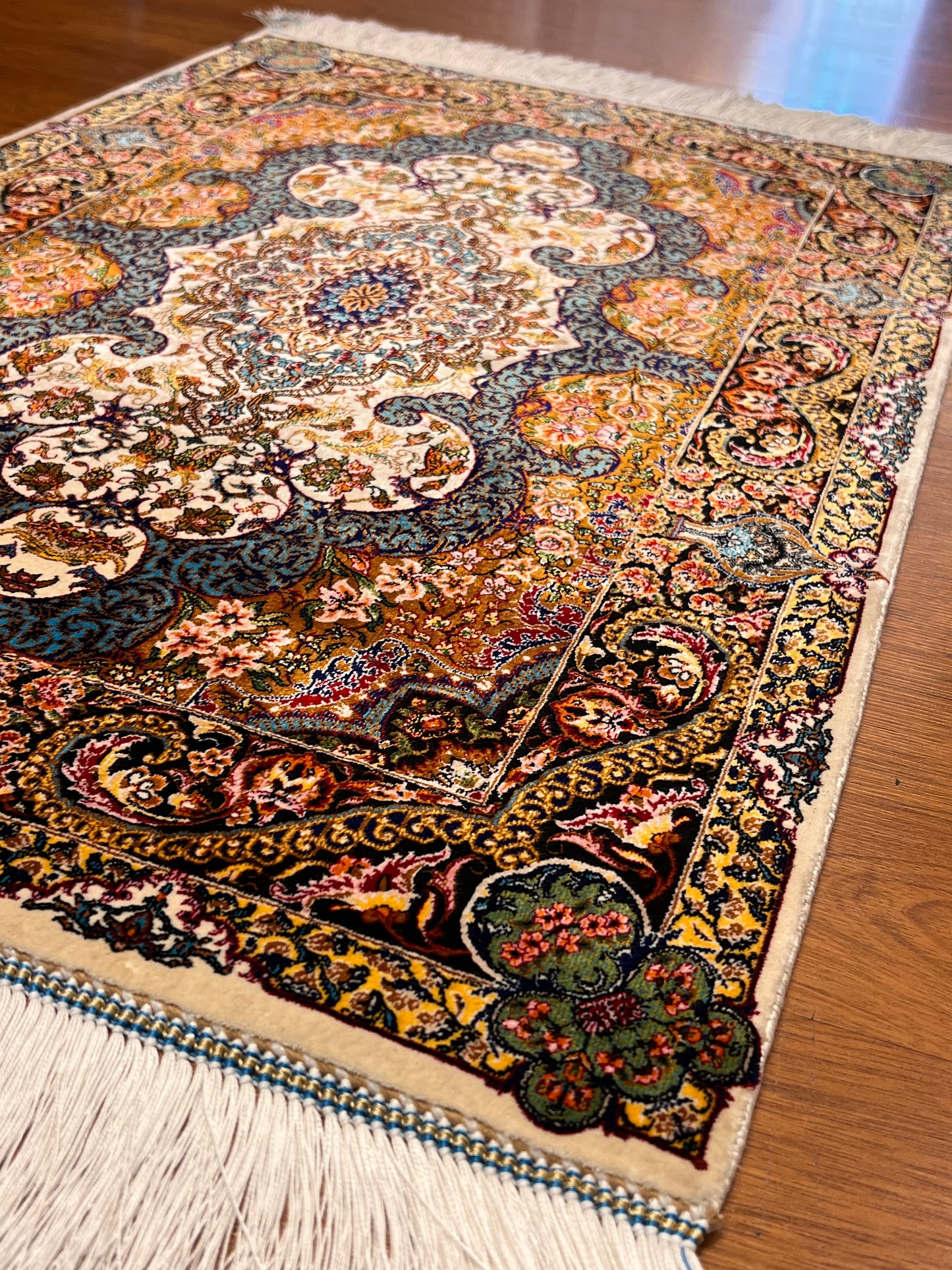 23” × 35” Luxury Turkish Bamboo Silk Rug – Ivory, Copper & Blue Ornate Floral Medallion Accent Rug