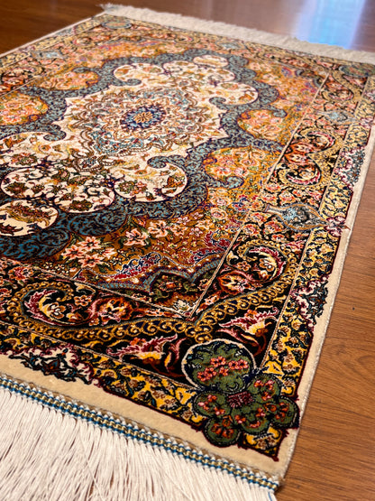 23” × 35” Luxury Turkish Bamboo Silk Rug – Ivory, Copper & Blue Ornate Floral Medallion Accent Rug