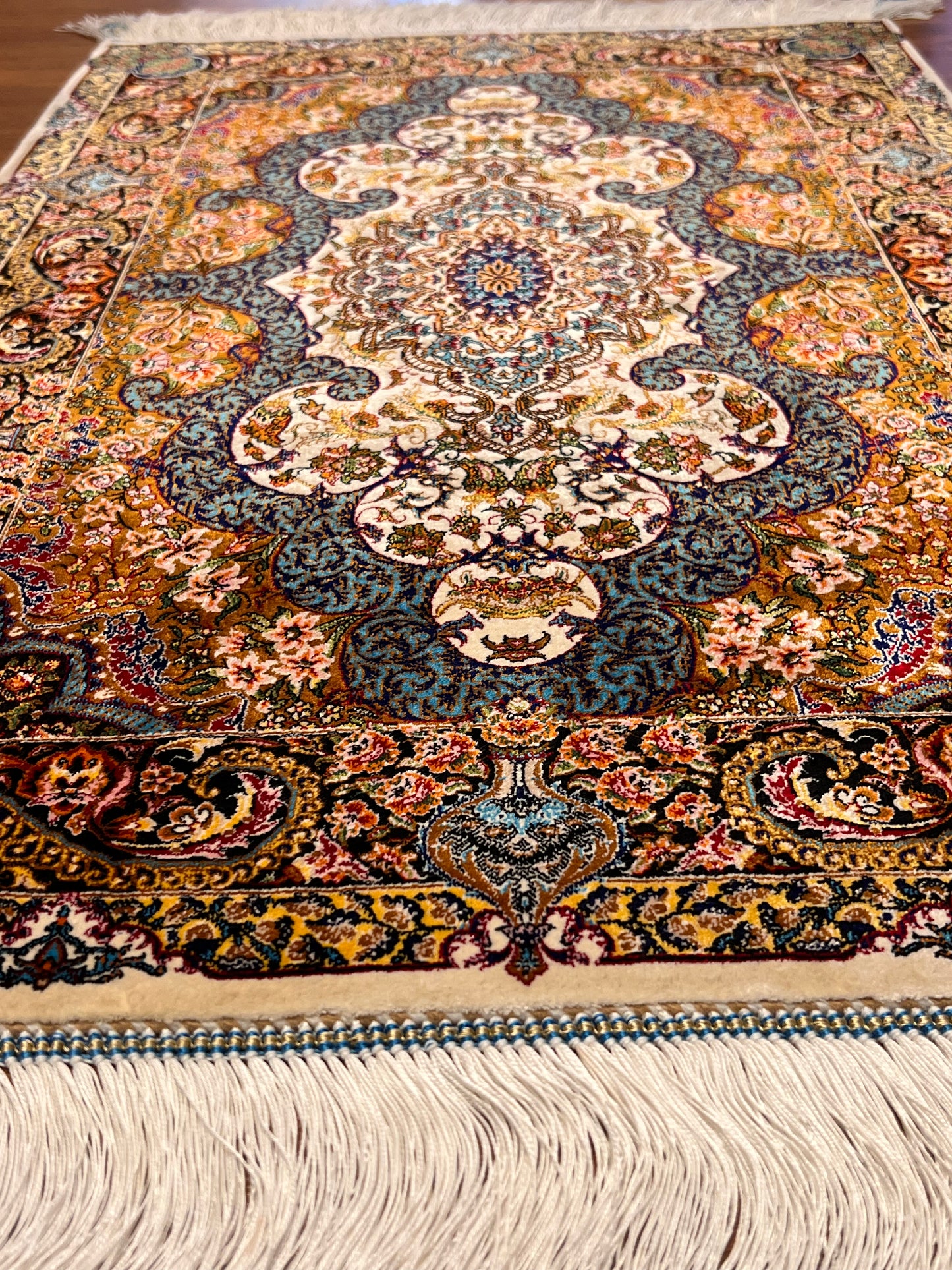 23” × 35” Luxury Turkish Bamboo Silk Rug – Ivory, Copper & Blue Ornate Floral Medallion Accent Rug