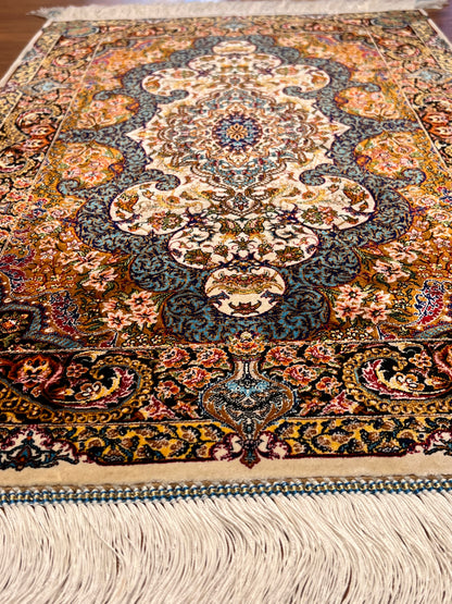 23” × 35” Luxury Turkish Bamboo Silk Rug – Ivory, Copper & Blue Ornate Floral Medallion Accent Rug