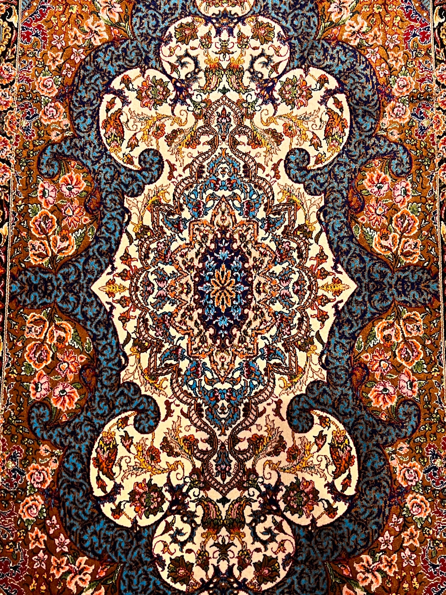 23” × 35” Luxury Turkish Bamboo Silk Rug – Ivory, Copper & Blue Ornate Floral Medallion Accent Rug