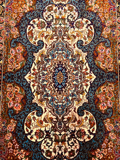 23” × 35” Luxury Turkish Bamboo Silk Rug – Ivory, Copper & Blue Ornate Floral Medallion Accent Rug