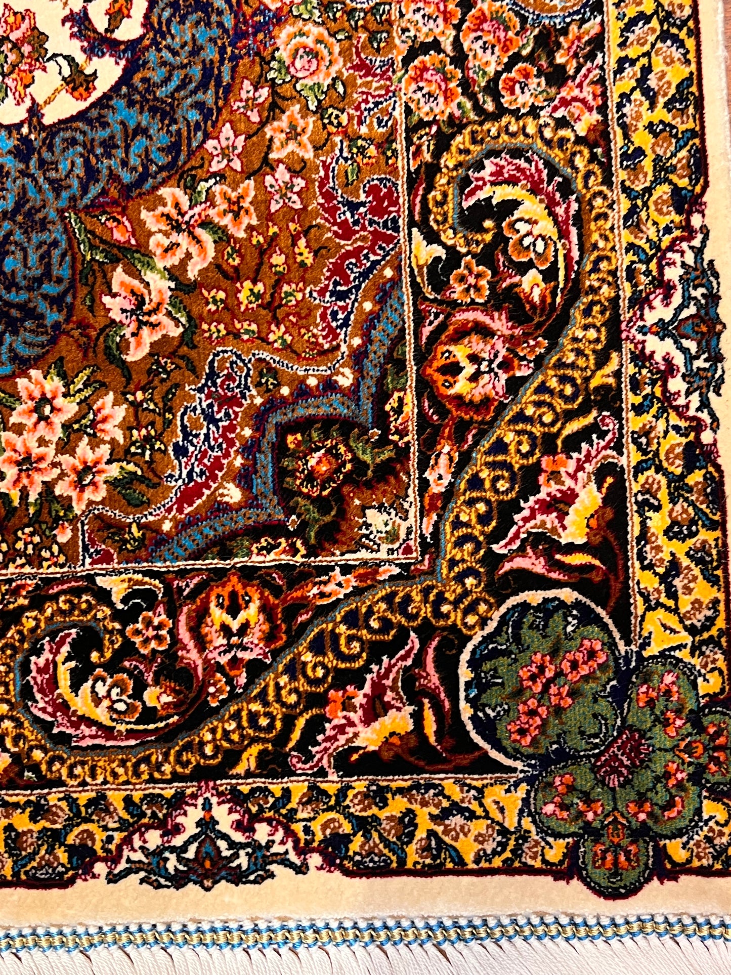 23” × 35” Luxury Turkish Bamboo Silk Rug – Ivory, Copper & Blue Ornate Floral Medallion Accent Rug