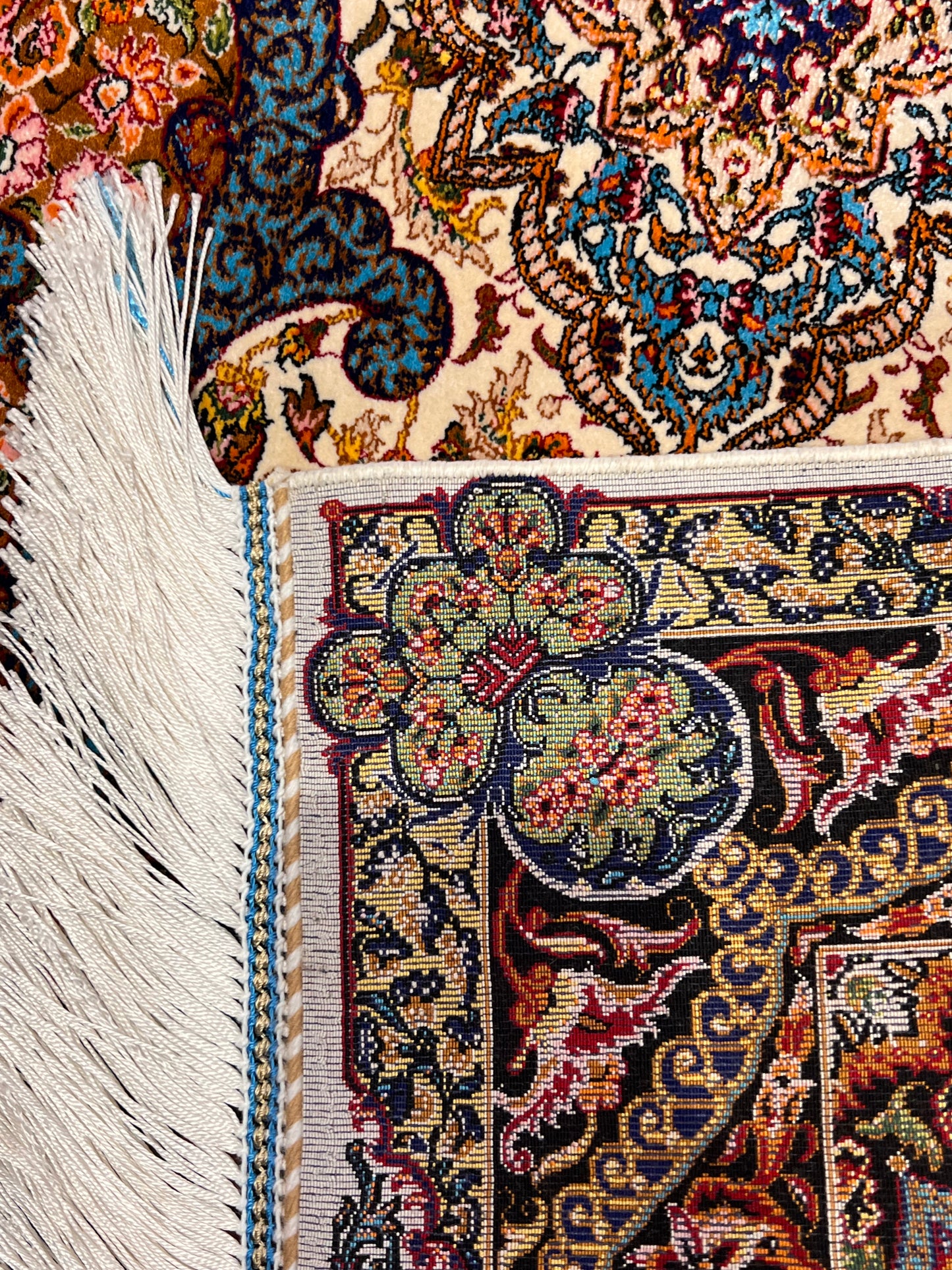 23” × 35” Luxury Turkish Bamboo Silk Rug – Ivory, Copper & Blue Ornate Floral Medallion Accent Rug