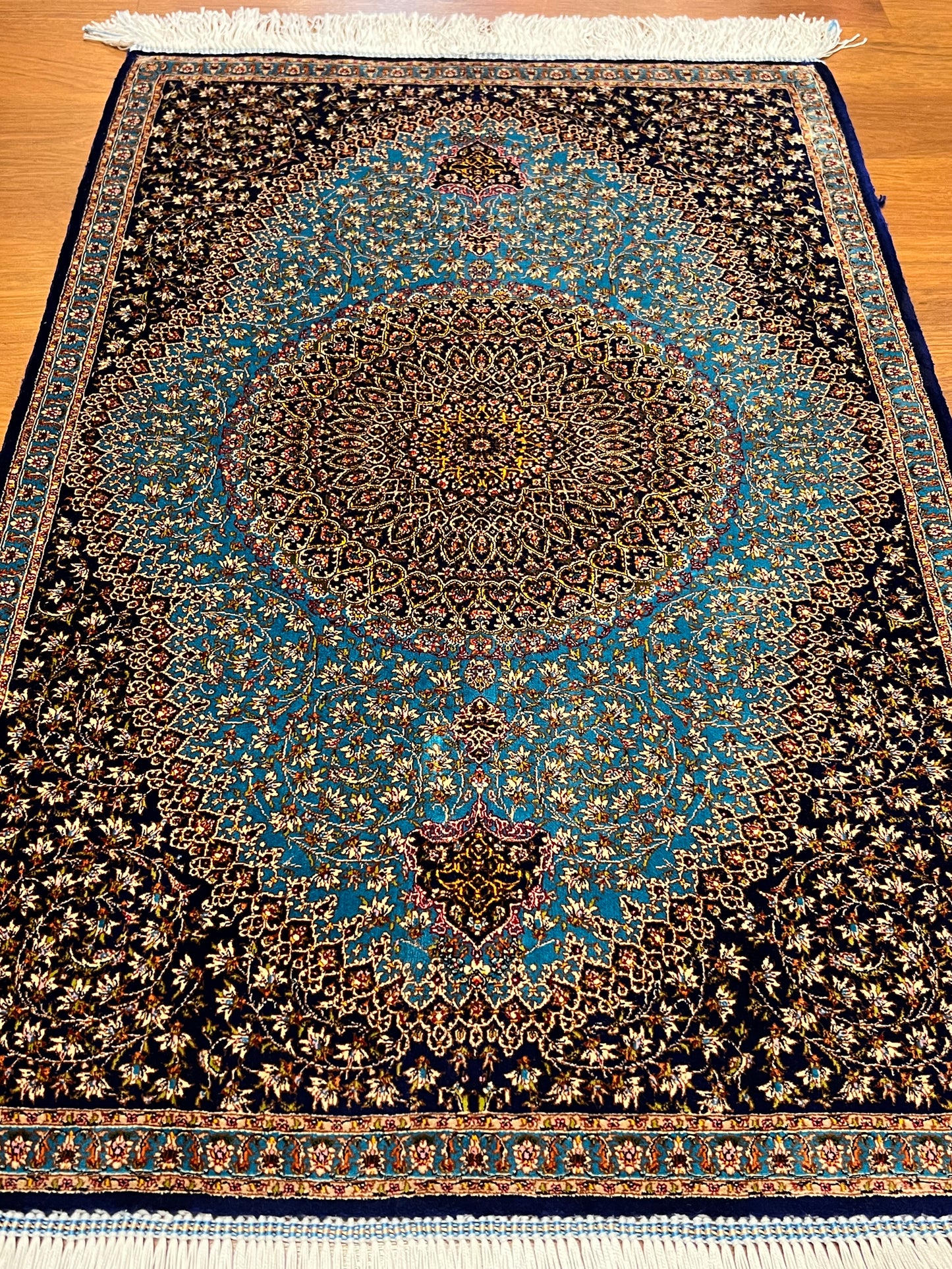 23” × 35” Luxury Turkish Bamboo Silk Rug – Midnight Navy & Turquoise Blue Intricate Floral Medallion Accent Rug