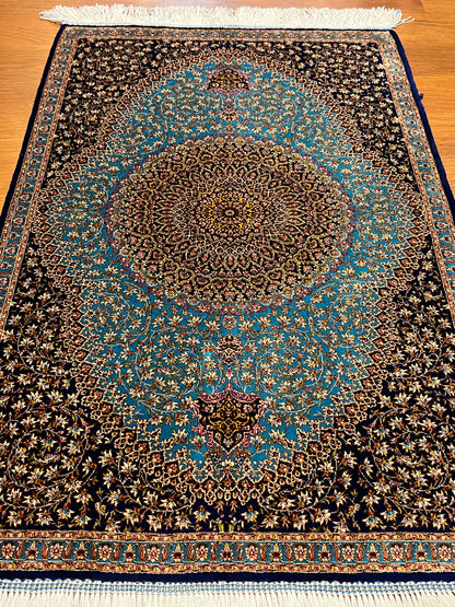 23” × 35” Luxury Turkish Bamboo Silk Rug – Midnight Navy & Turquoise Blue Intricate Floral Medallion Accent Rug