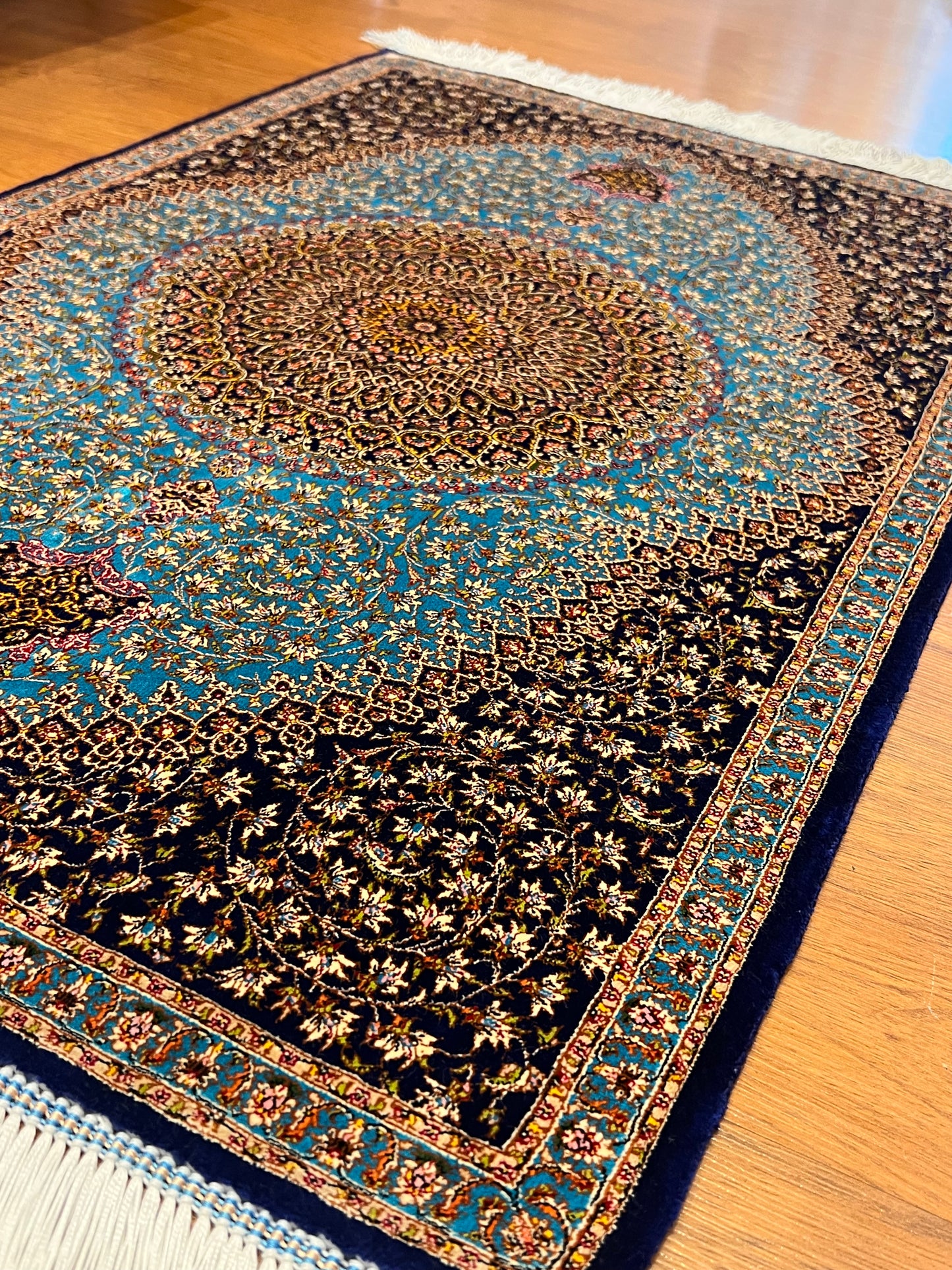 23” × 35” Luxury Turkish Bamboo Silk Rug – Midnight Navy & Turquoise Blue Intricate Floral Medallion Accent Rug