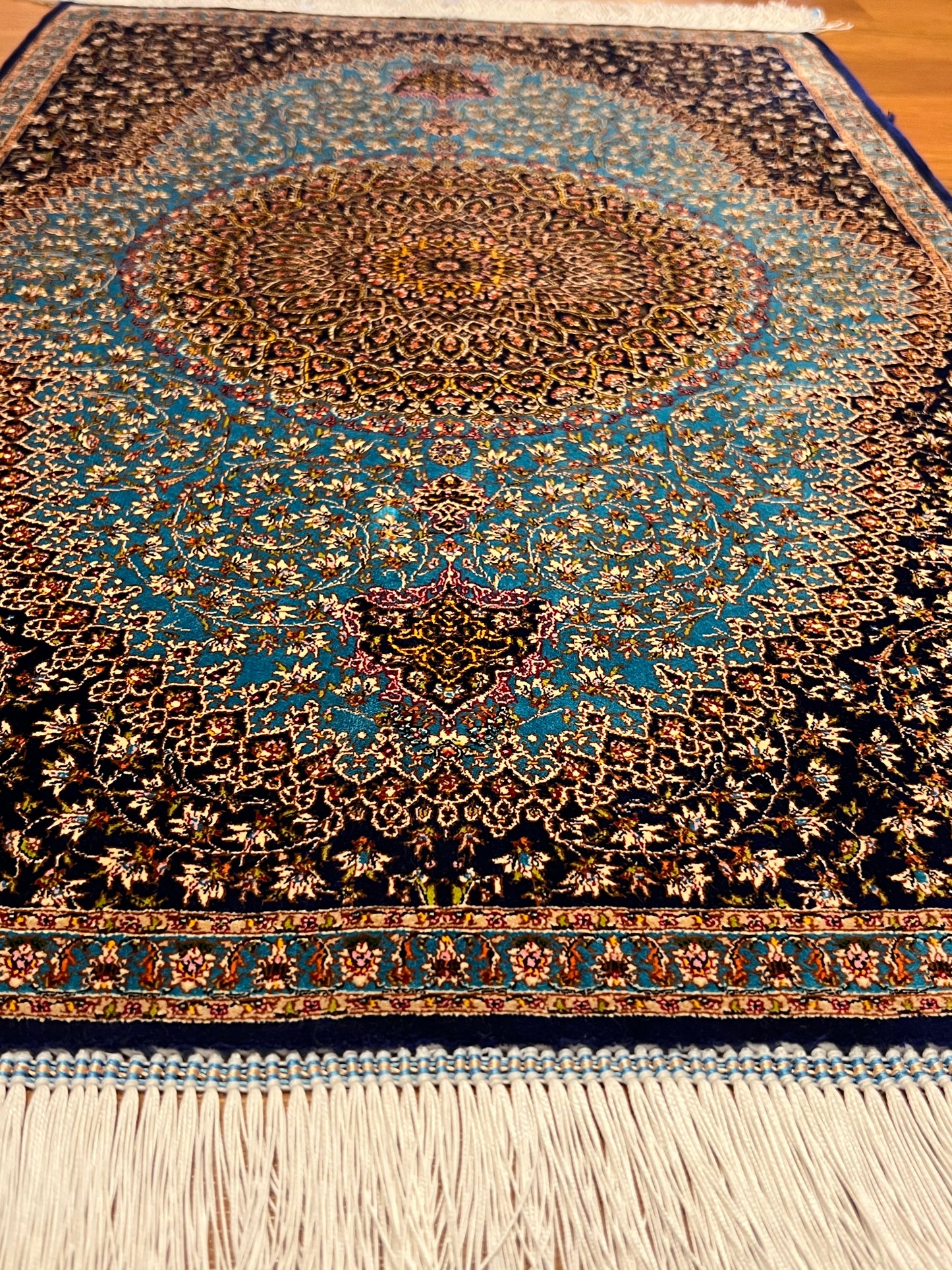 23” × 35” Luxury Turkish Bamboo Silk Rug – Midnight Navy & Turquoise Blue Intricate Floral Medallion Accent Rug