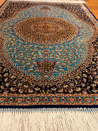 23” × 35” Luxury Turkish Bamboo Silk Rug – Midnight Navy & Turquoise Blue Intricate Floral Medallion Accent Rug