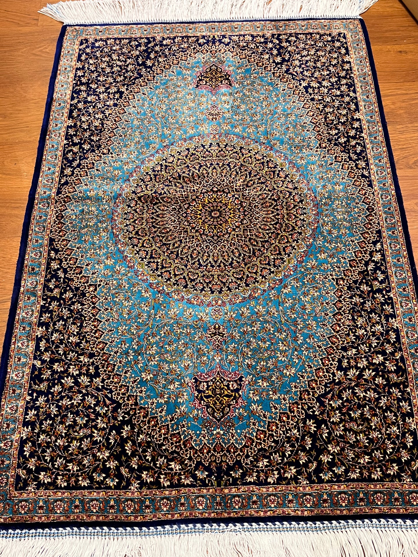 23” × 35” Luxury Turkish Bamboo Silk Rug – Midnight Navy & Turquoise Blue Intricate Floral Medallion Accent Rug