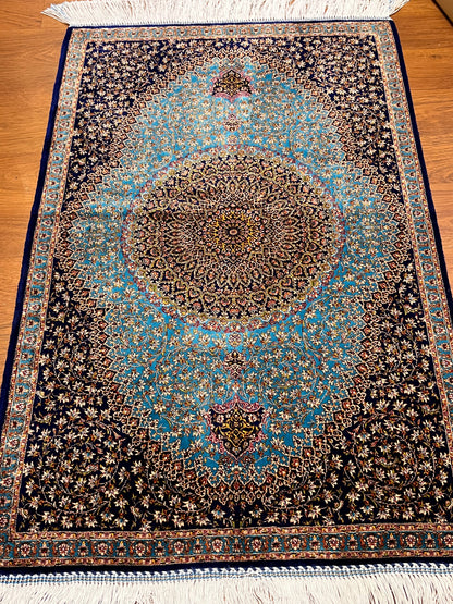 23” × 35” Luxury Turkish Bamboo Silk Rug – Midnight Navy & Turquoise Blue Intricate Floral Medallion Accent Rug