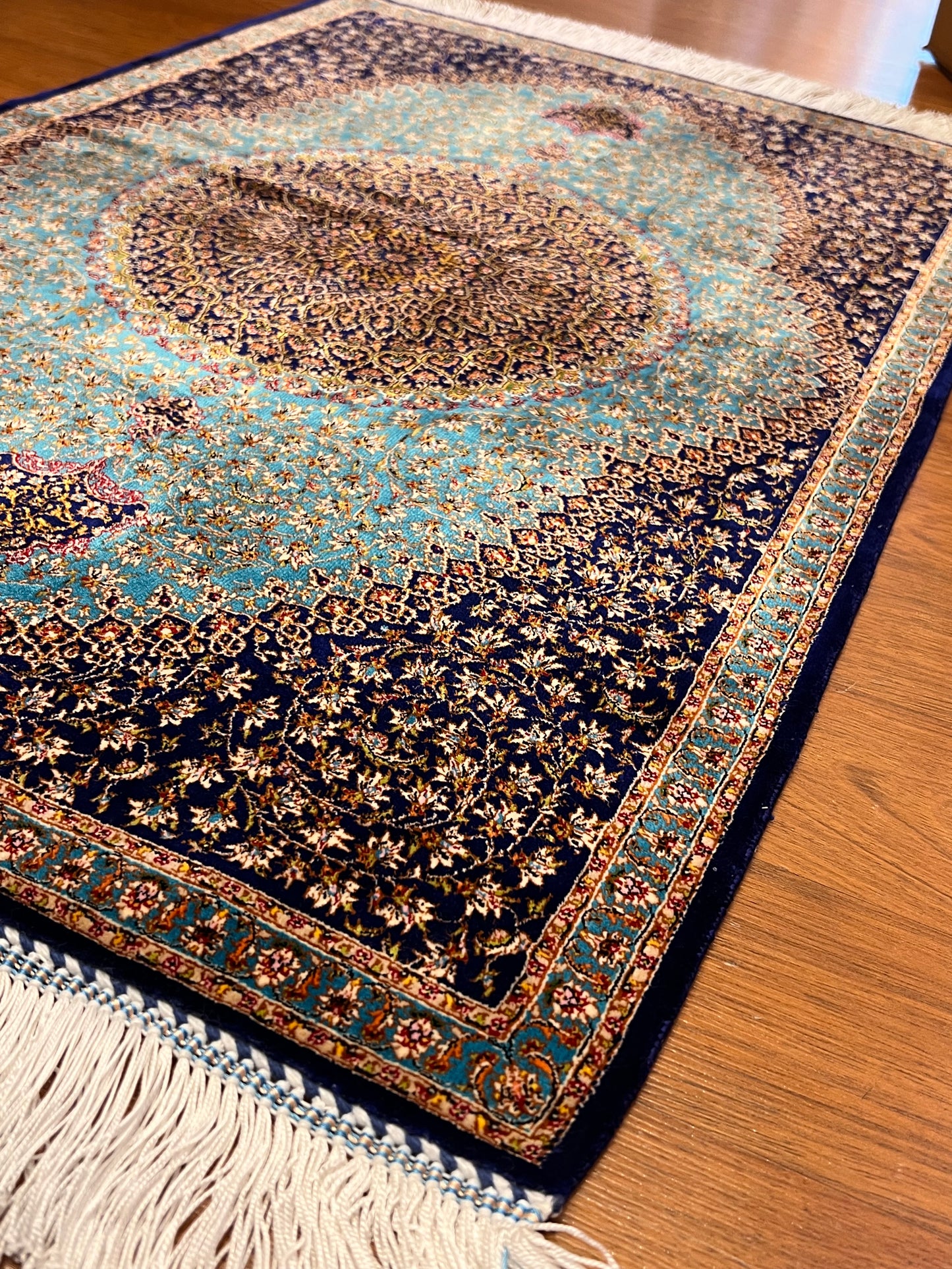 23” × 35” Luxury Turkish Bamboo Silk Rug – Midnight Navy & Turquoise Blue Intricate Floral Medallion Accent Rug