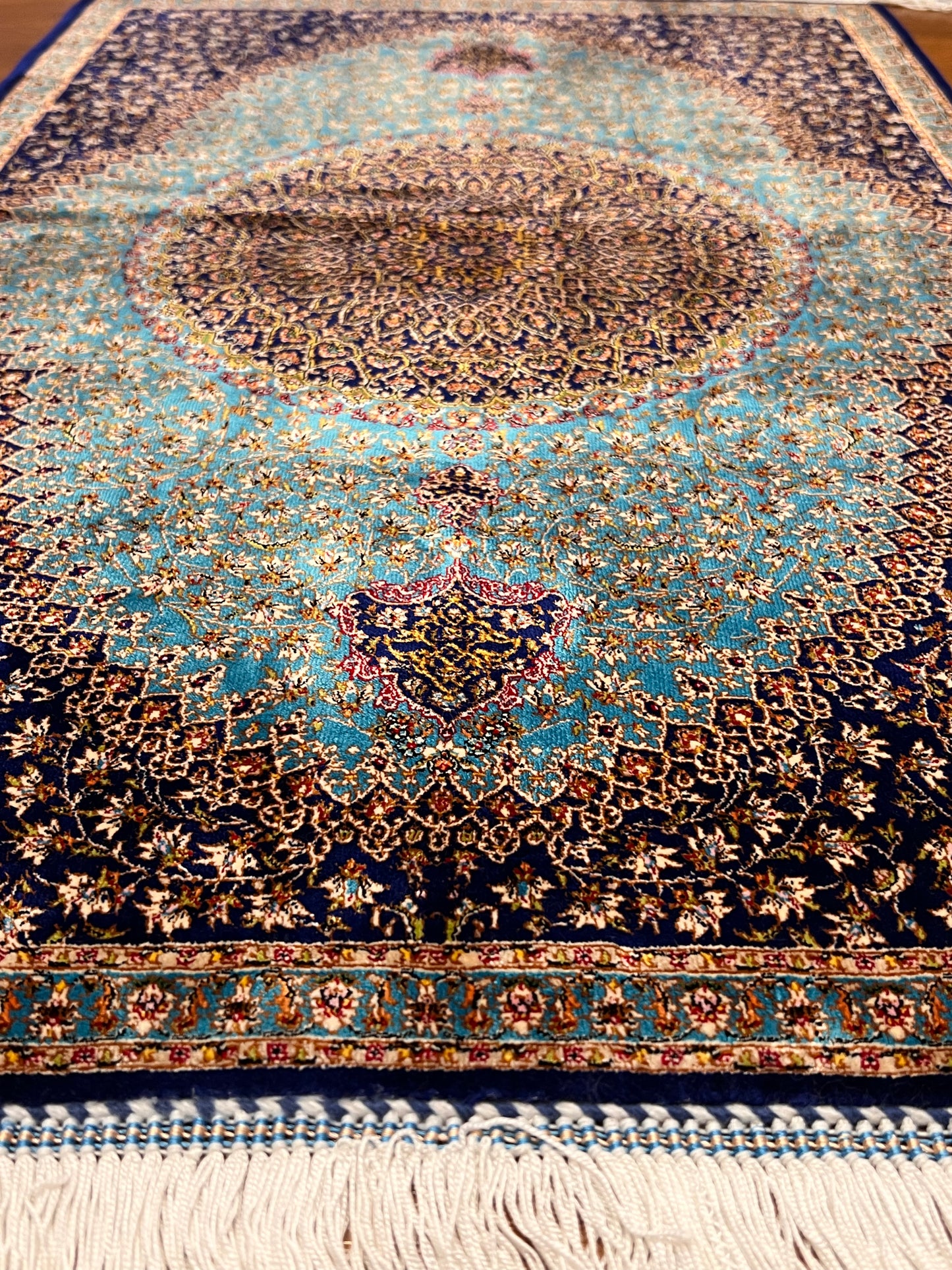 23” × 35” Luxury Turkish Bamboo Silk Rug – Midnight Navy & Turquoise Blue Intricate Floral Medallion Accent Rug
