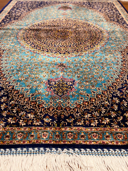 23” × 35” Luxury Turkish Bamboo Silk Rug – Midnight Navy & Turquoise Blue Intricate Floral Medallion Accent Rug