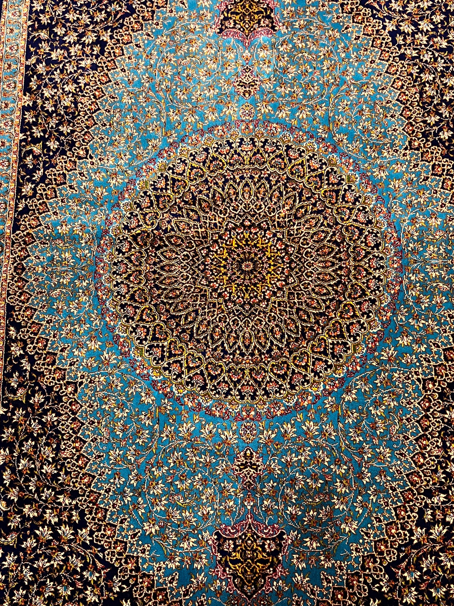 23” × 35” Luxury Turkish Bamboo Silk Rug – Midnight Navy & Turquoise Blue Intricate Floral Medallion Accent Rug