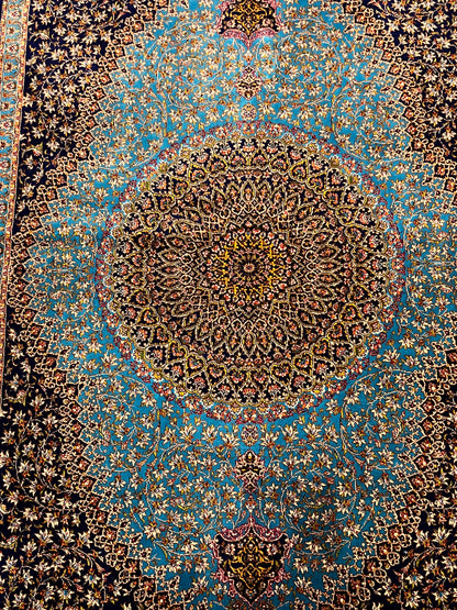 23” × 35” Luxury Turkish Bamboo Silk Rug – Midnight Navy & Turquoise Blue Intricate Floral Medallion Accent Rug