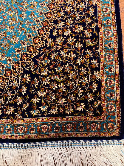 23” × 35” Luxury Turkish Bamboo Silk Rug – Midnight Navy & Turquoise Blue Intricate Floral Medallion Accent Rug