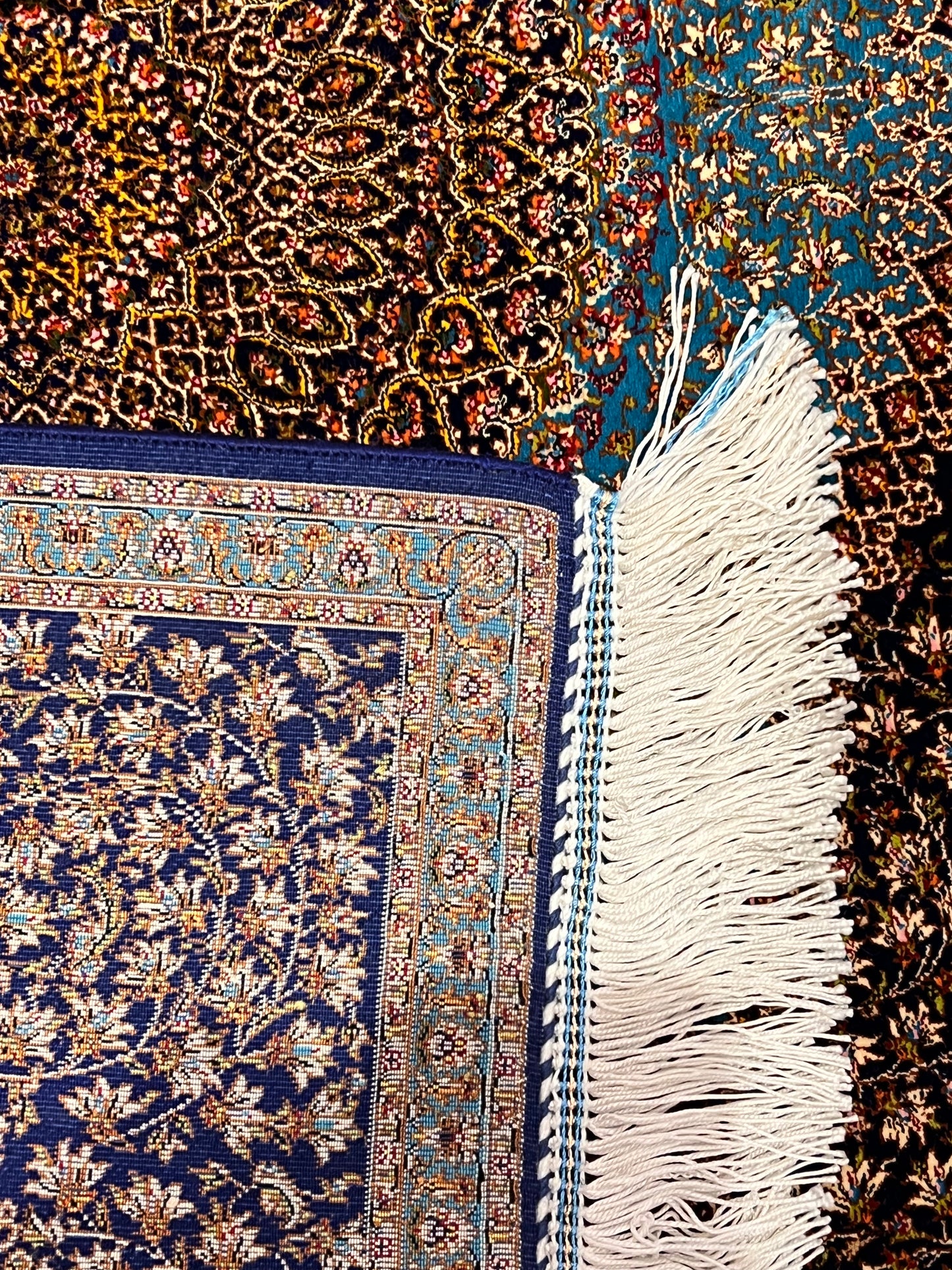 23” × 35” Luxury Turkish Bamboo Silk Rug – Midnight Navy & Turquoise Blue Intricate Floral Medallion Accent Rug