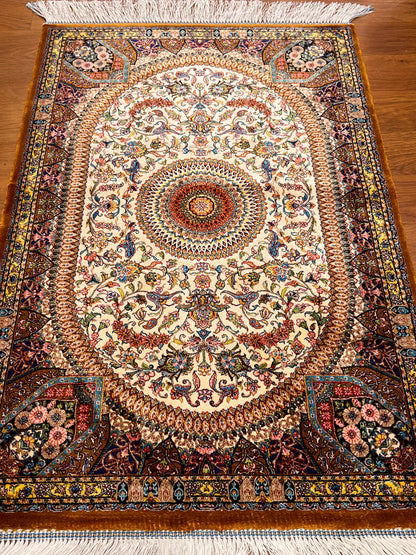 23” × 35” Luxury Turkish Bamboo Silk Rug – Ivory & Antique Gold Floral Starburst Medallion Accent Rug