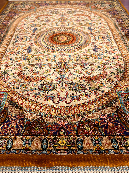 23” × 35” Luxury Turkish Bamboo Silk Rug – Ivory & Antique Gold Floral Starburst Medallion Accent Rug