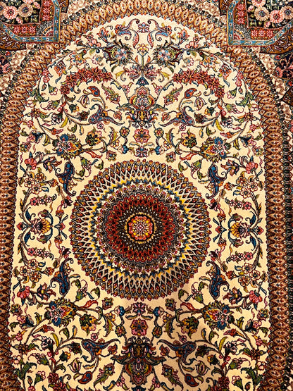 23” × 35” Luxury Turkish Bamboo Silk Rug – Ivory & Antique Gold Floral Starburst Medallion Accent Rug