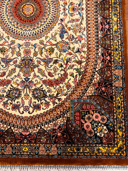 23” × 35” Luxury Turkish Bamboo Silk Rug – Ivory & Antique Gold Floral Starburst Medallion Accent Rug