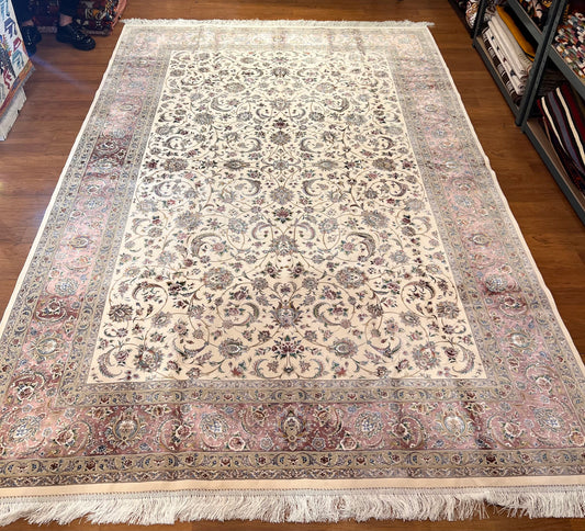 Luxury Turkish Bamboo Silk Area Rug 6.5x9.8 ft, Cream Floral Oriental Hereke Style Rug