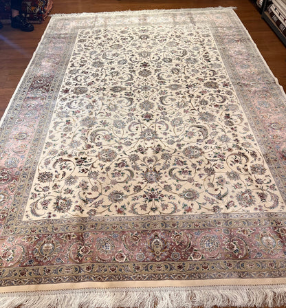 Luxury Turkish Bamboo Silk Area Rug 6.5x9.8 ft, Cream Floral Oriental Hereke Style Rug