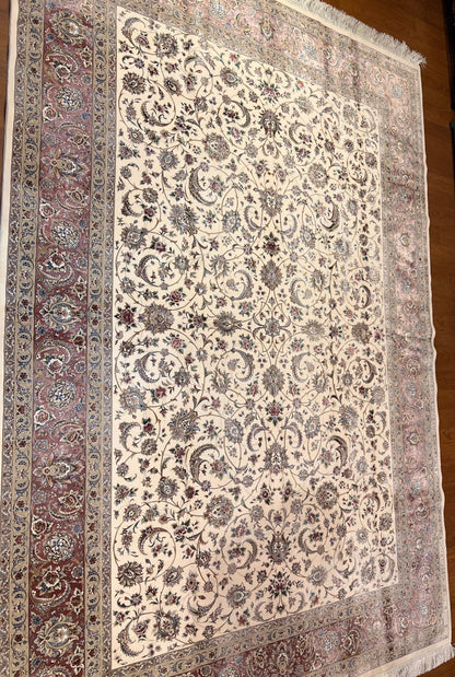 Luxury Turkish Bamboo Silk Area Rug 6.5x9.8 ft, Cream Floral Oriental Hereke Style Rug