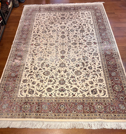 Luxury Turkish Bamboo Silk Area Rug 6.5x9.8 ft, Cream Floral Oriental Hereke Style Rug