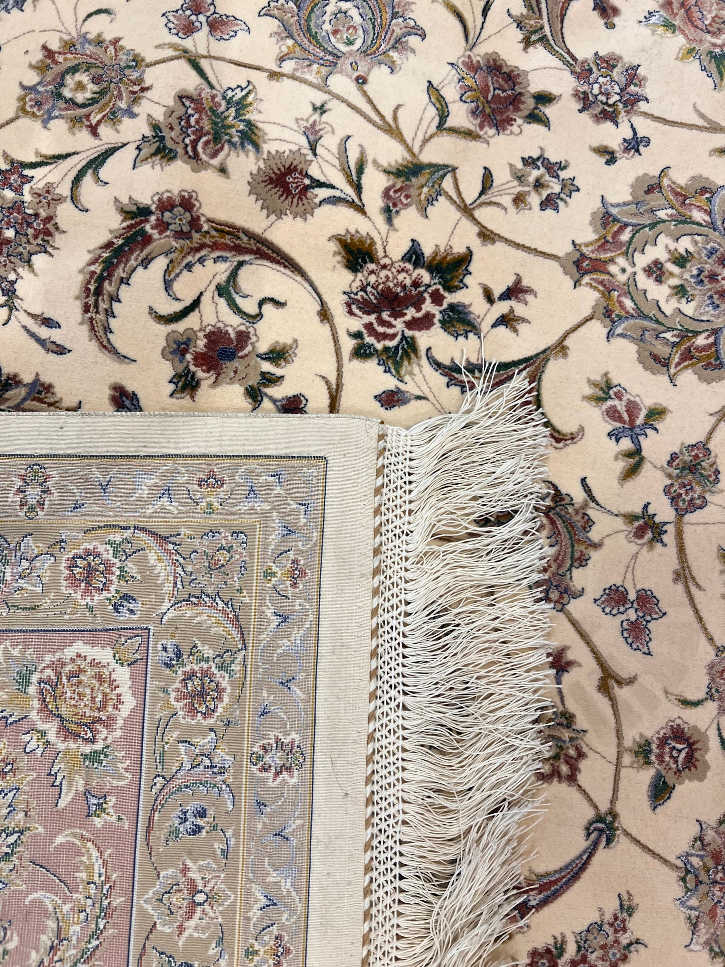 Luxury Turkish Bamboo Silk Area Rug 6.5x9.8 ft, Cream Floral Oriental Hereke Style Rug