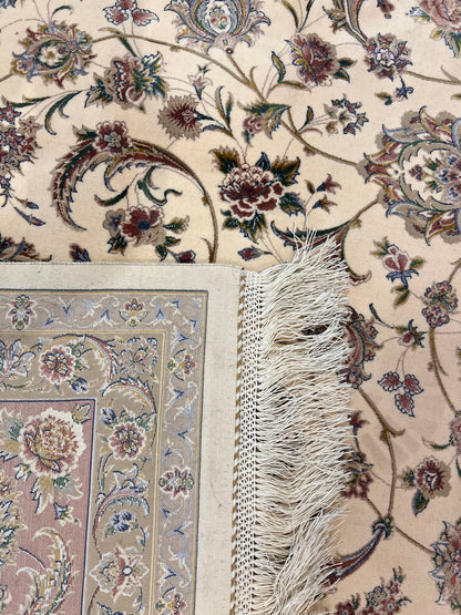 Luxury Turkish Bamboo Silk Area Rug 6.5x9.8 ft, Cream Floral Oriental Hereke Style Rug