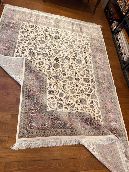 Luxury Turkish Bamboo Silk Area Rug 6.5x9.8 ft, Cream Floral Oriental Hereke Style Rug