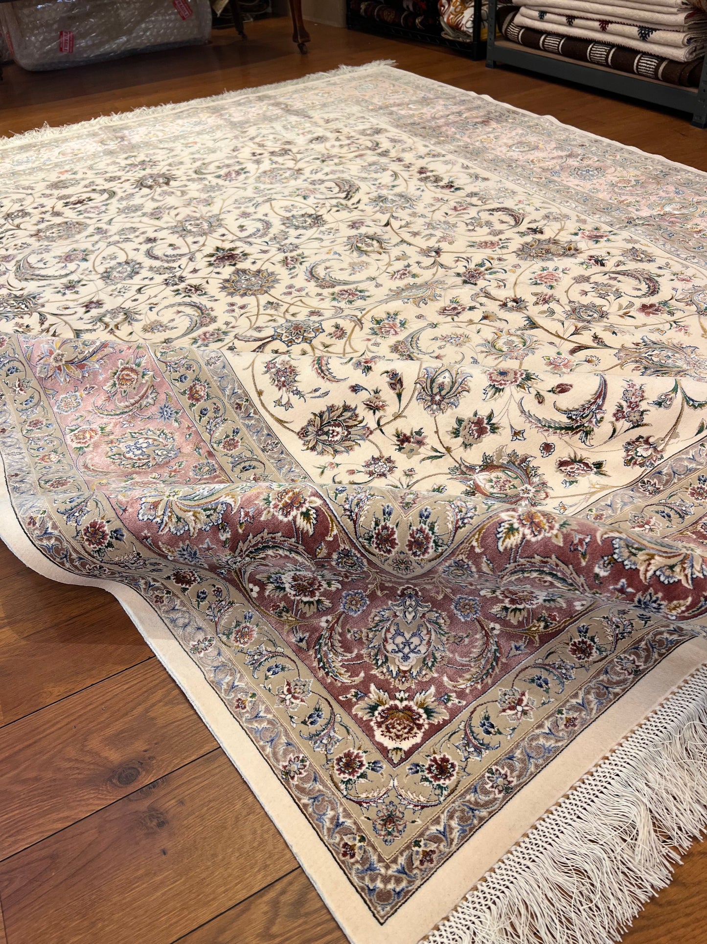 Luxury Turkish Bamboo Silk Area Rug 6.5x9.8 ft, Cream Floral Oriental Hereke Style Rug
