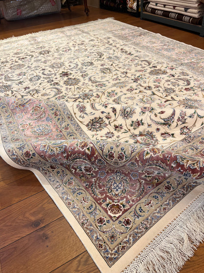 Luxury Turkish Bamboo Silk Area Rug 6.5x9.8 ft, Cream Floral Oriental Hereke Style Rug