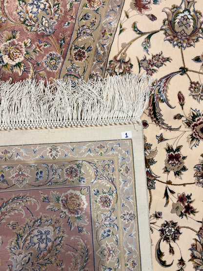 Luxury Turkish Bamboo Silk Area Rug 6.5x9.8 ft, Cream Floral Oriental Hereke Style Rug