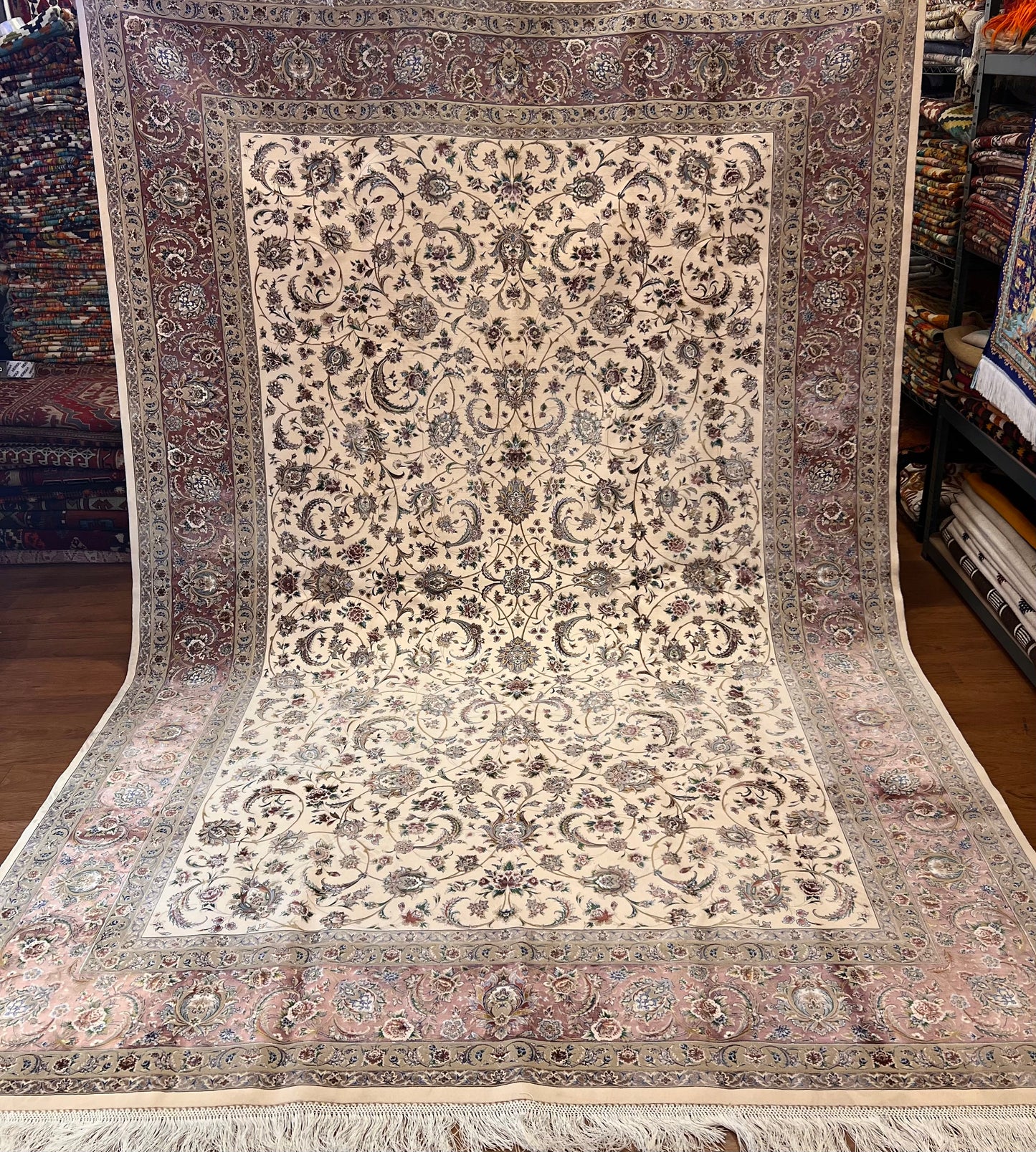 Luxury Turkish Bamboo Silk Area Rug 6.5x9.8 ft, Cream Floral Oriental Hereke Style Rug