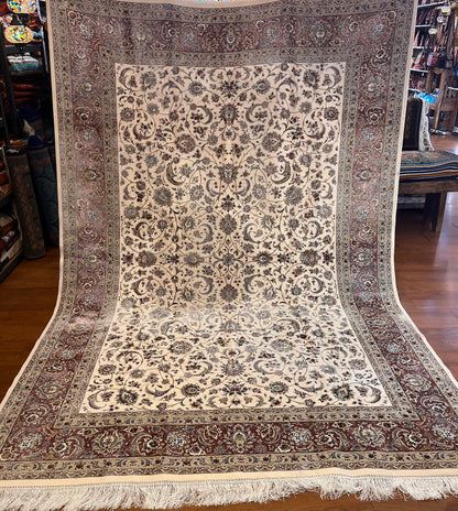 Luxury Turkish Bamboo Silk Area Rug 6.5x9.8 ft, Cream Floral Oriental Hereke Style Rug