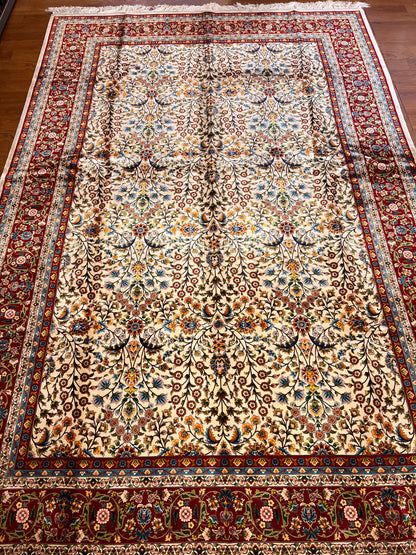 7x10 ft Silk Rug – Ivory & Burgundy Floral Woven Area Rug – Elegant Traditional Design