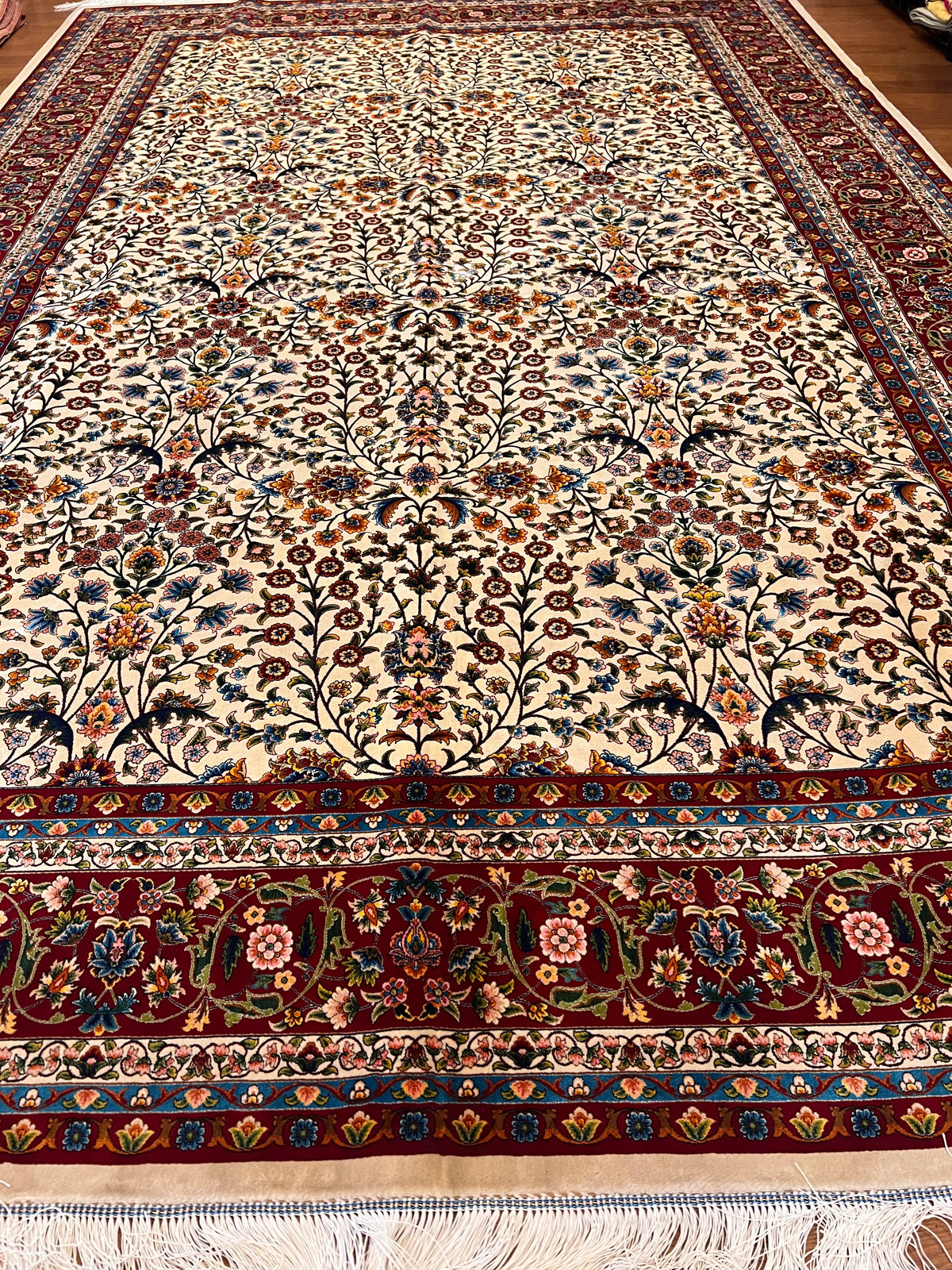 7x10 ft Silk Rug – Ivory & Burgundy Floral Woven Area Rug – Elegant Traditional Design