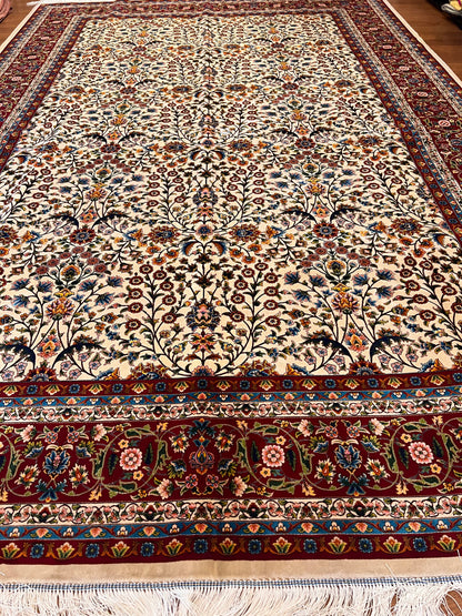 7x10 ft Silk Rug – Ivory & Burgundy Floral Woven Area Rug – Elegant Traditional Design